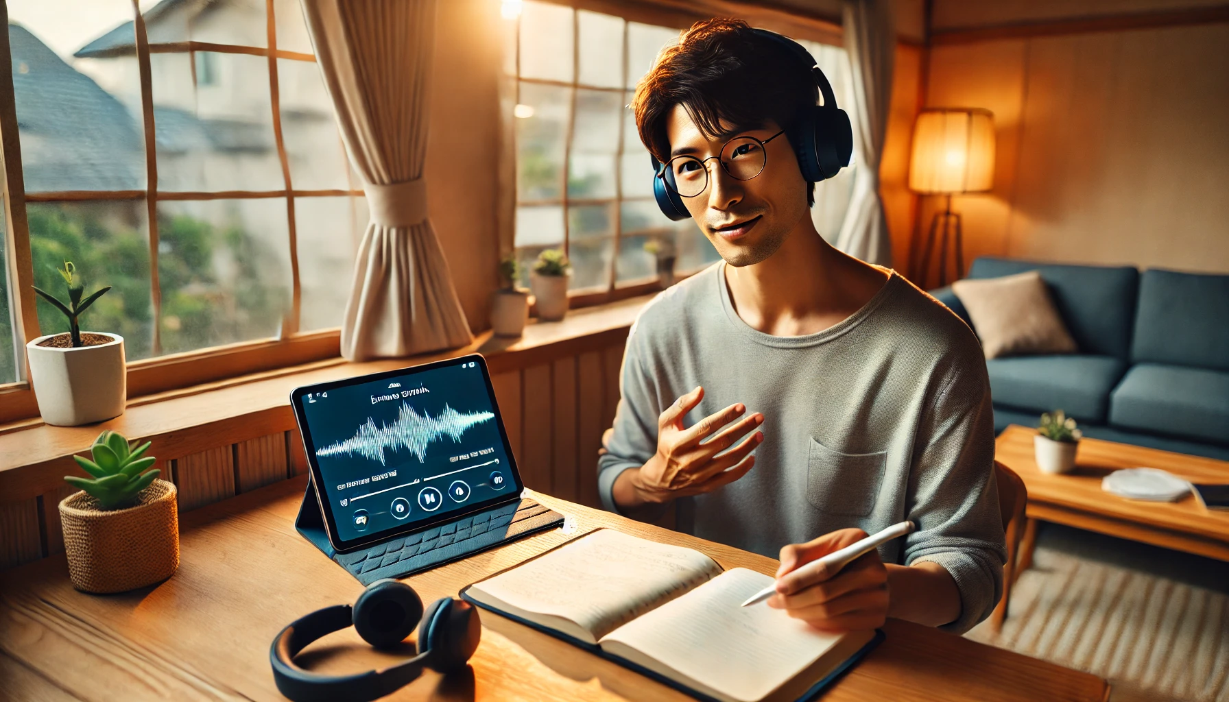 英会話アプリの内容を確認しながらノートを取る日本人男性の学習風景