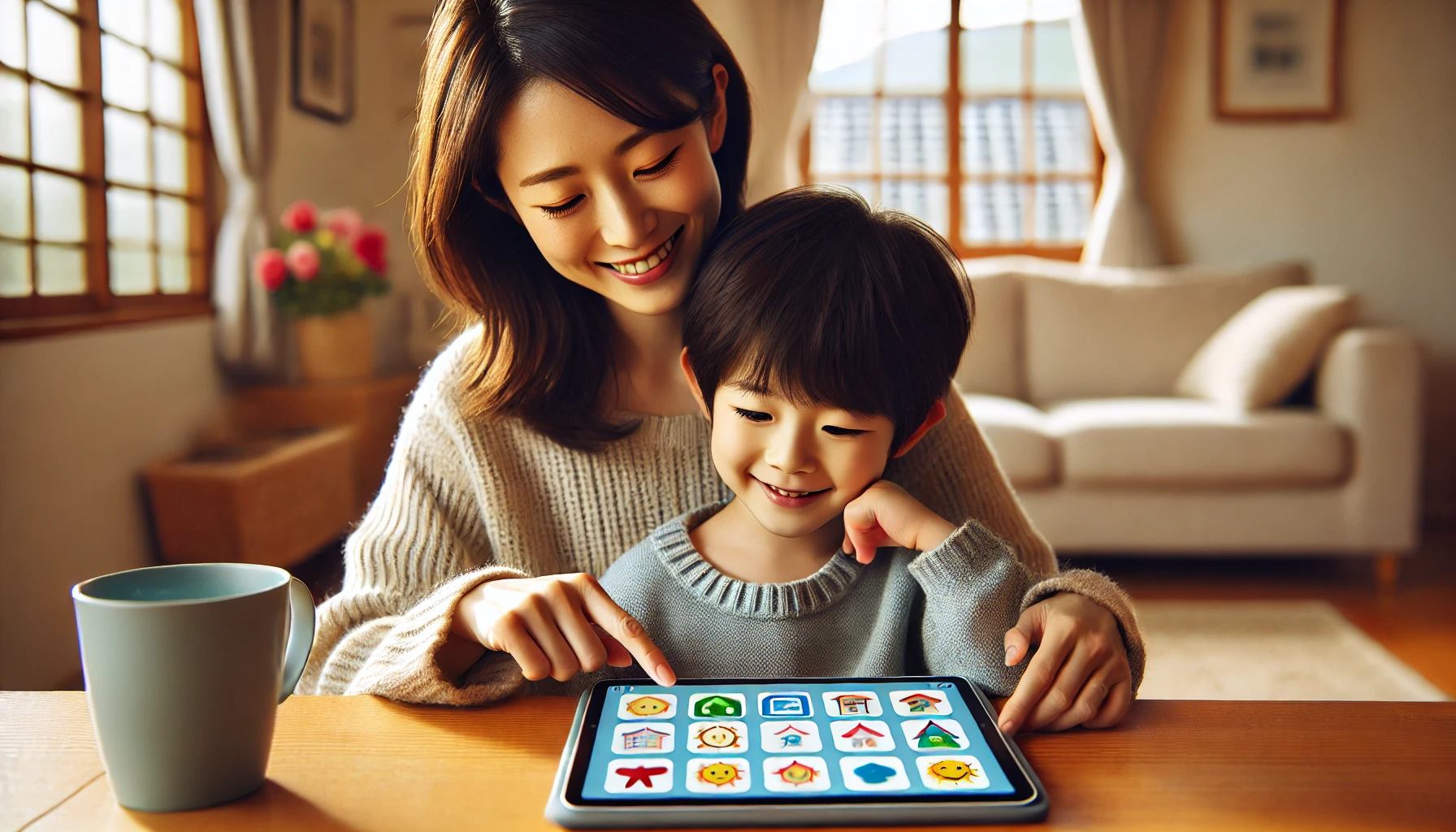 日本人の親子がタブレットで英語学習を一緒に行っている家庭学習の風景