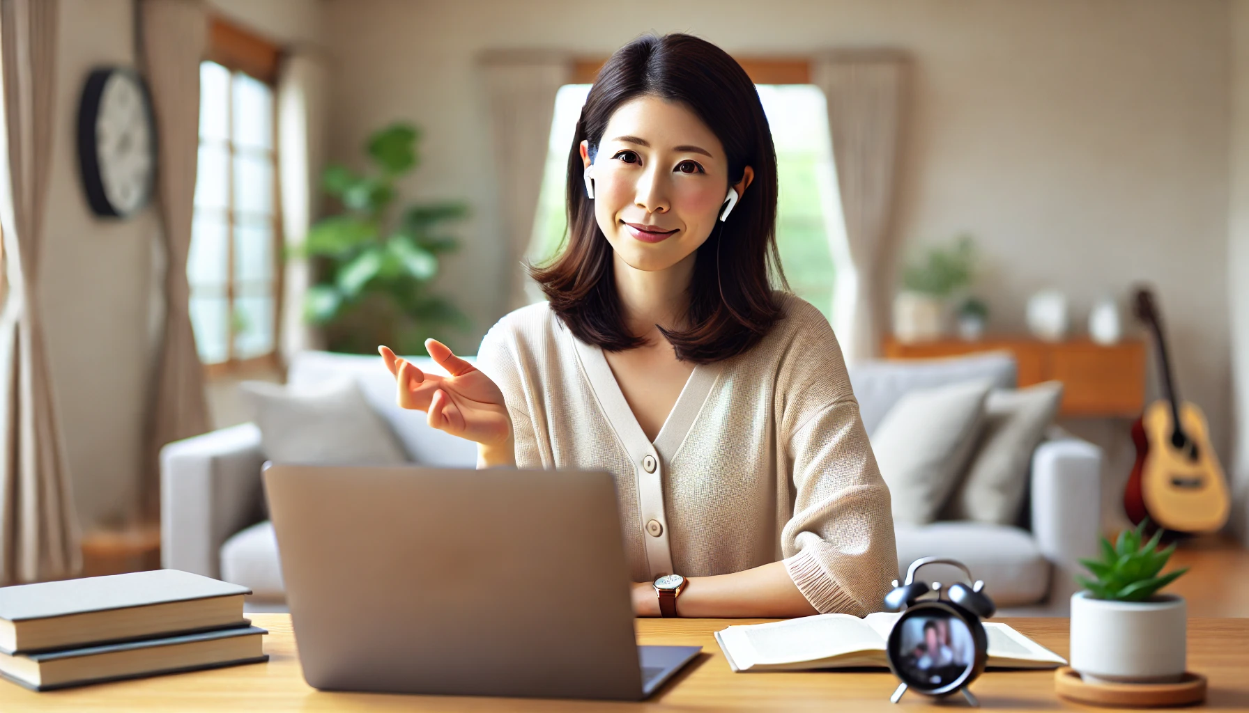 ノートとパソコンを使い積極的にオンライン英会話に取り組む日本人女性