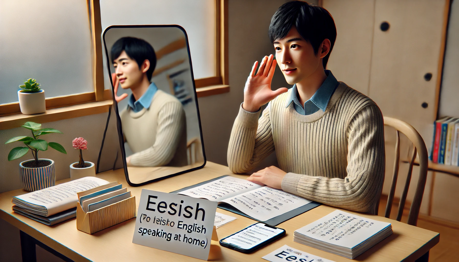 自宅の机でスマートフォンや鏡を使いながら、英語のフレーズを声に出して練習する日本人の大人。緊張気味ながらも真剣にスピーキング試験の対策をしている様子。