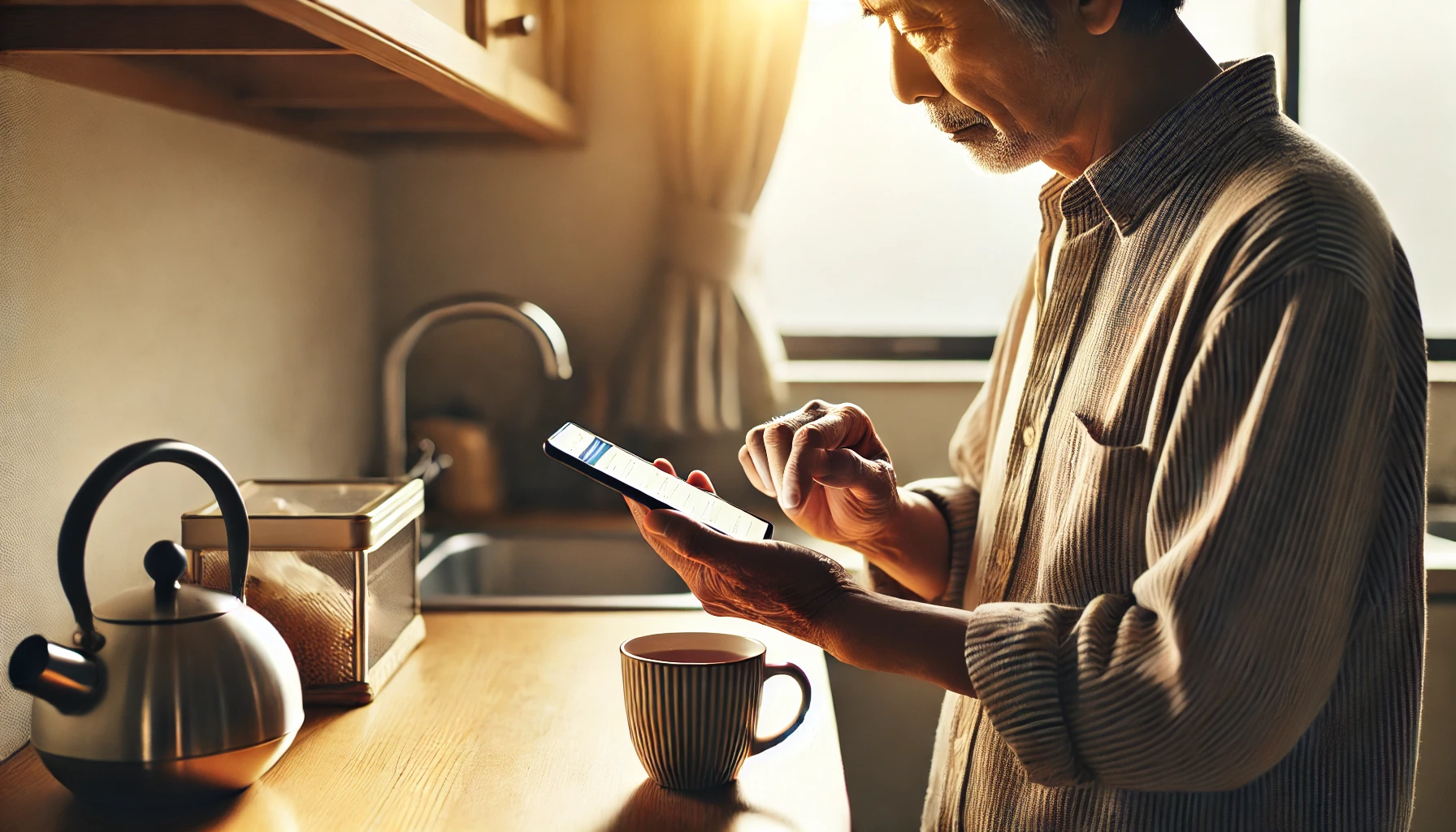朝のキッチンでお茶を飲みながらスマホで英語を学ぶ60代の日本人男性のスキマ時間活用シーン