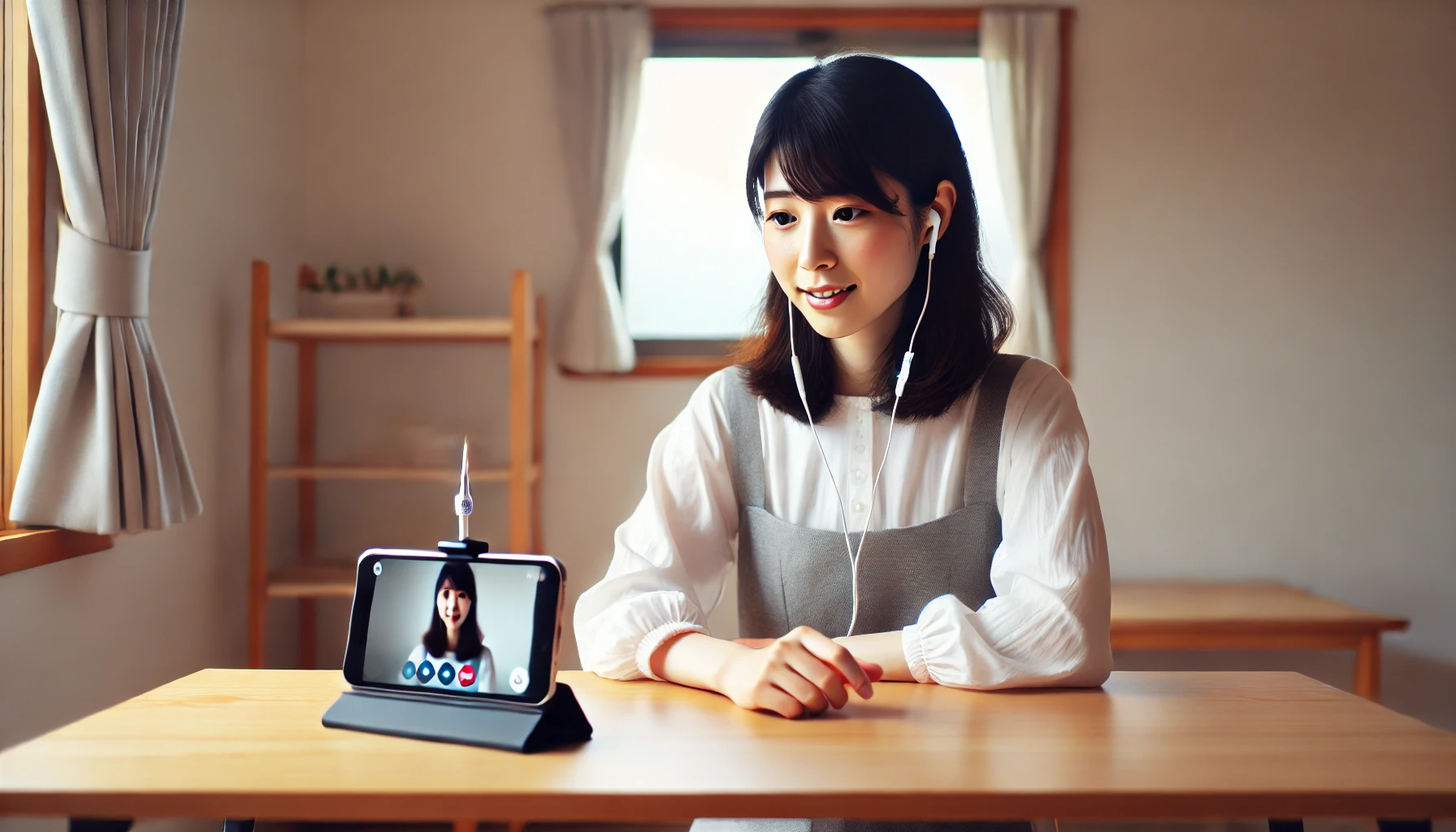 スマホスタンドとイヤホンを使い、集中できる環境でオンライン英会話を受ける日本人女性