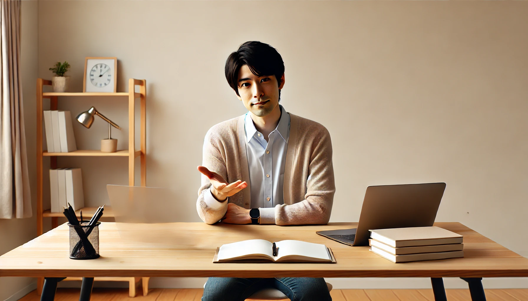 ノートを開き英会話フレーズを考えながら学習する日本人男性の自宅学習風景