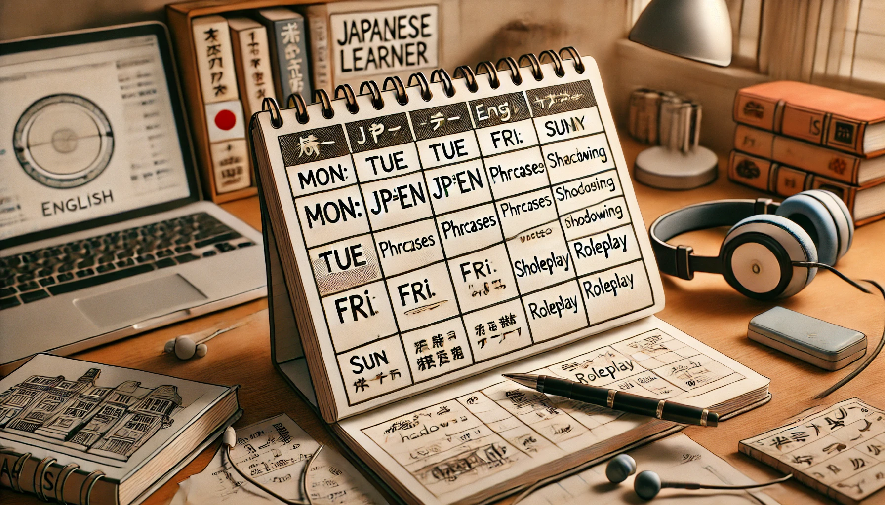 日本人学習者が作成した1週間の英語学習スケジュールが記されたホワイトボードやノート。背景には整頓された学習机とラップトップ、英語教材が配置されている落ち着いた室内。