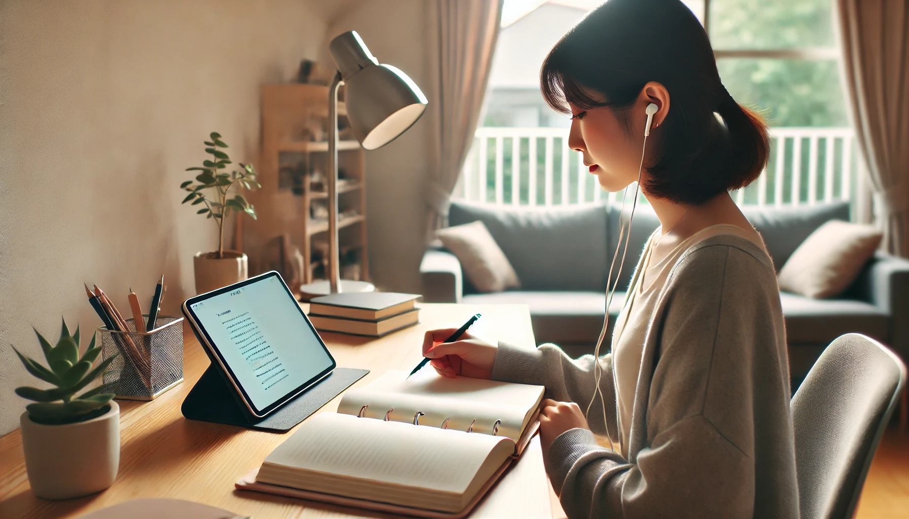 静かな部屋でイヤホンをつけ、ノートを開きながら集中して英語学習を進める日本人学習者のシーン。