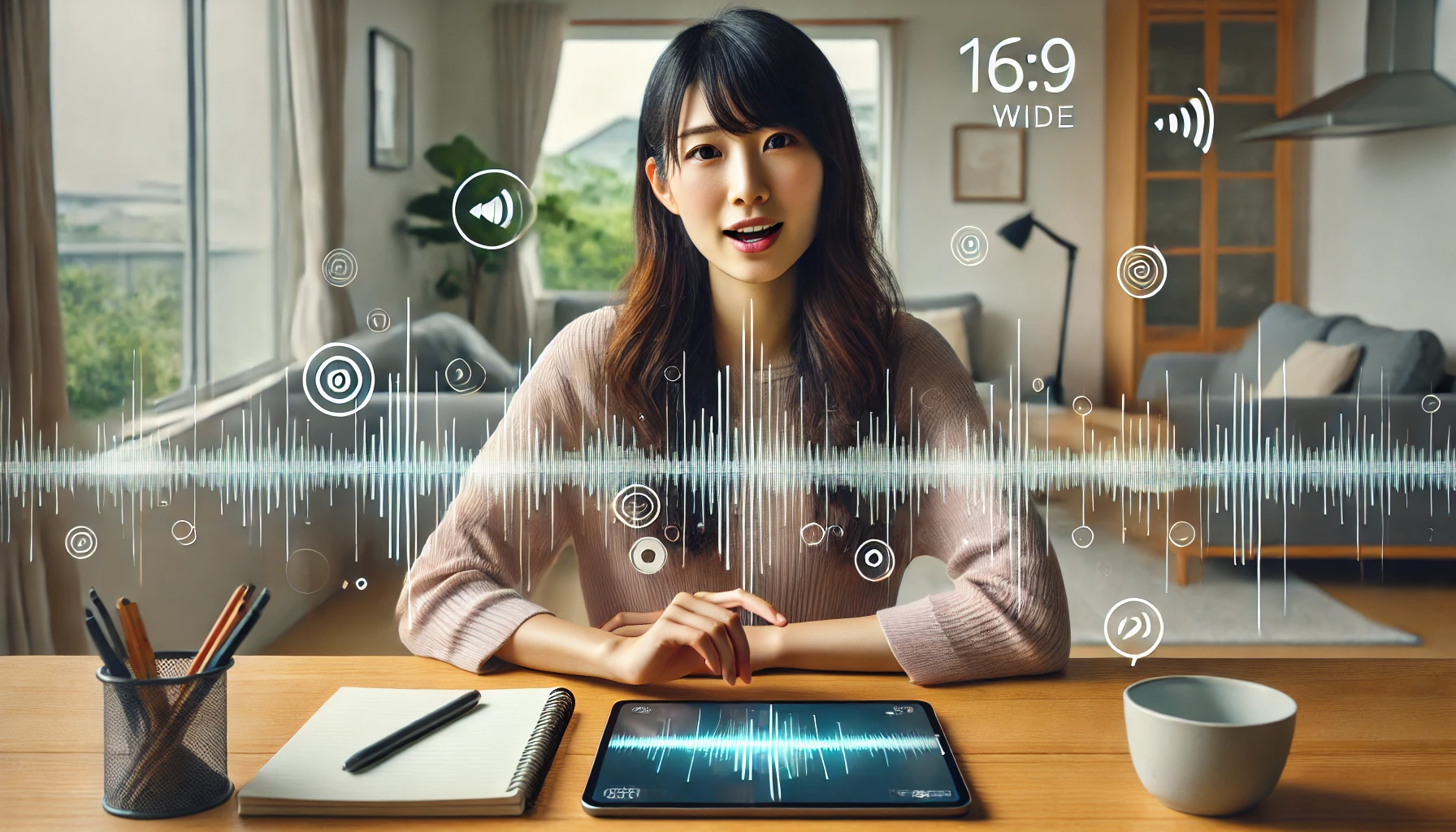 自宅でAI英会話アプリを使いスピーキング練習をする日本人女性の様子