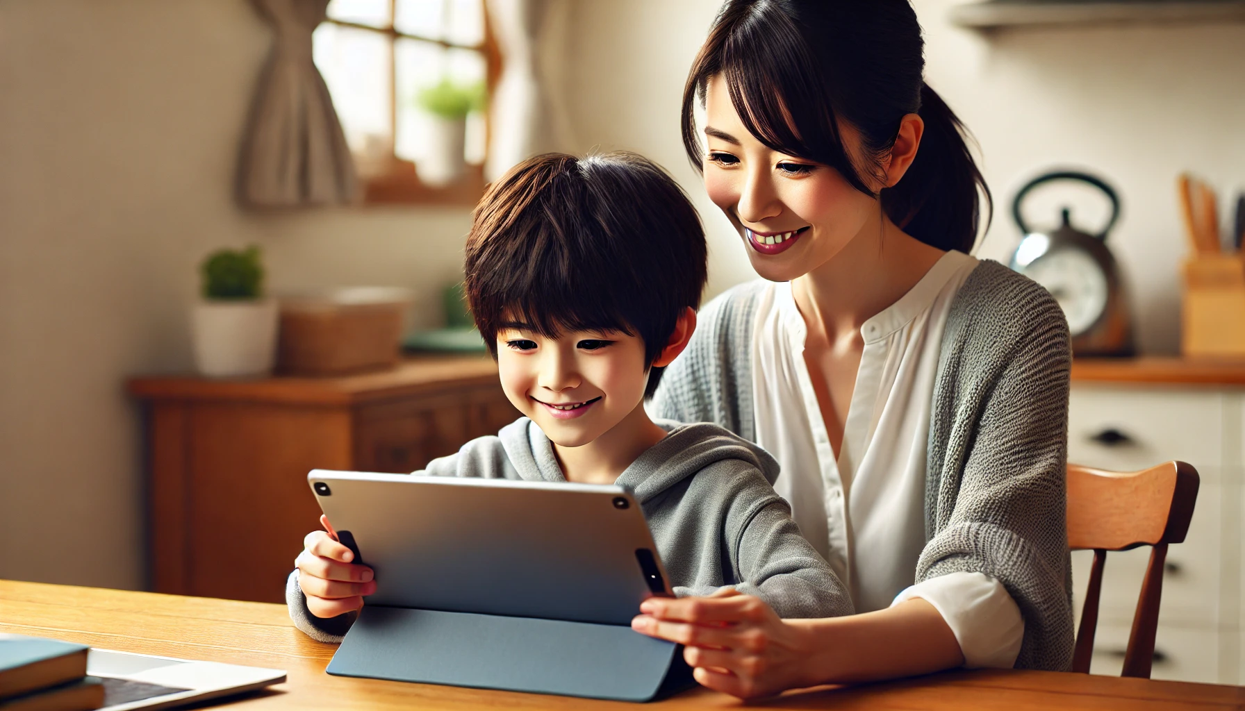 タブレットでオンライン英会話を受講する小学生の子供を隣で見守る日本人保護者の様子