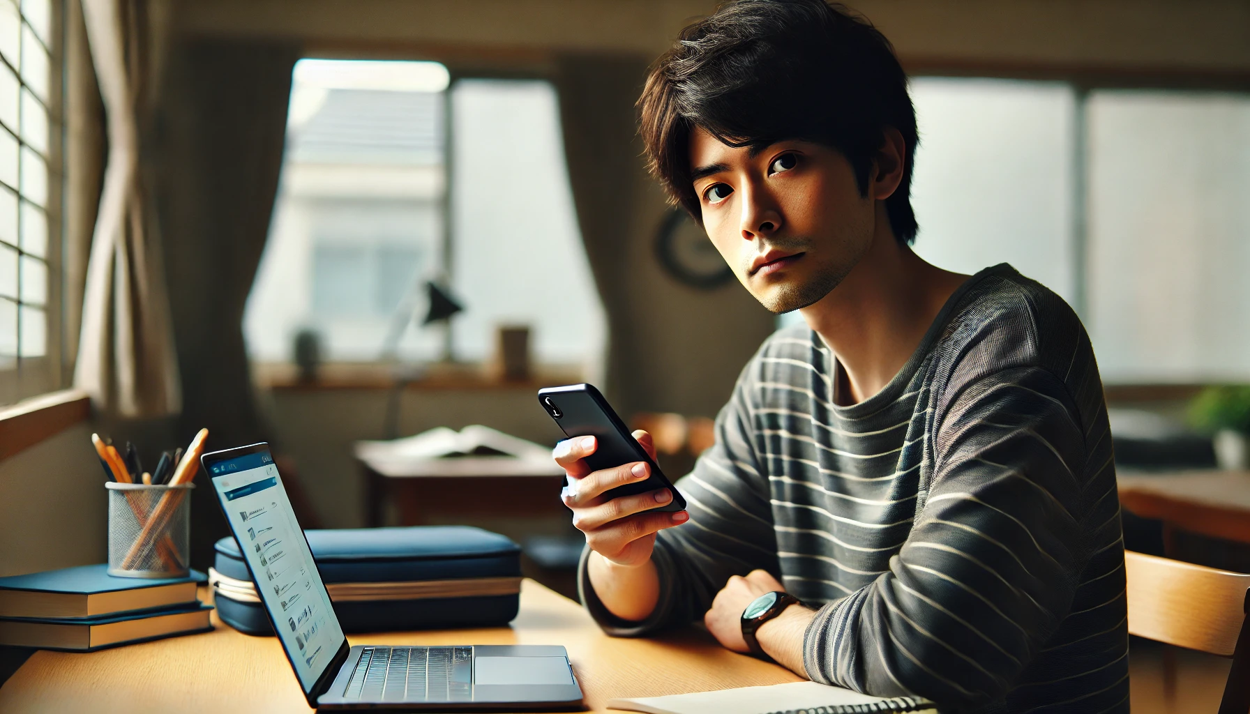 レッスン前にスマートフォンを確認し遅刻を気にする日本人男性の様子