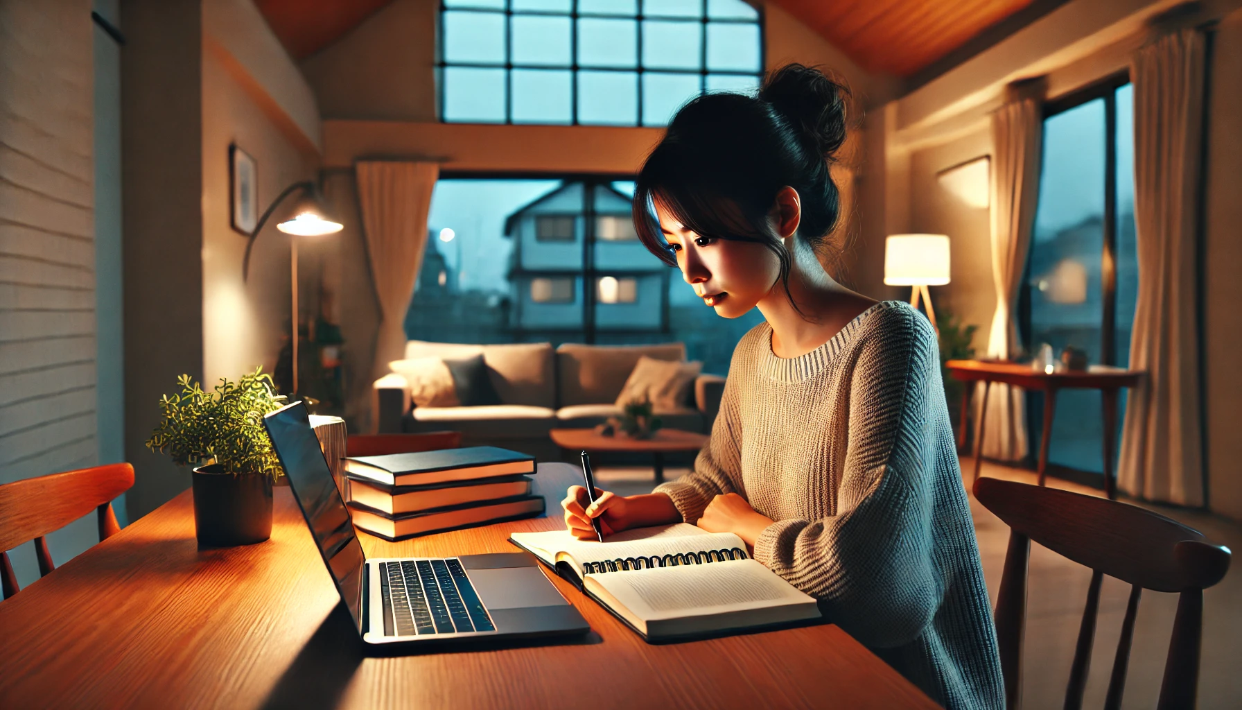 週1回の英会話レッスン後に自宅で復習する日本人社会人の英語学習風景