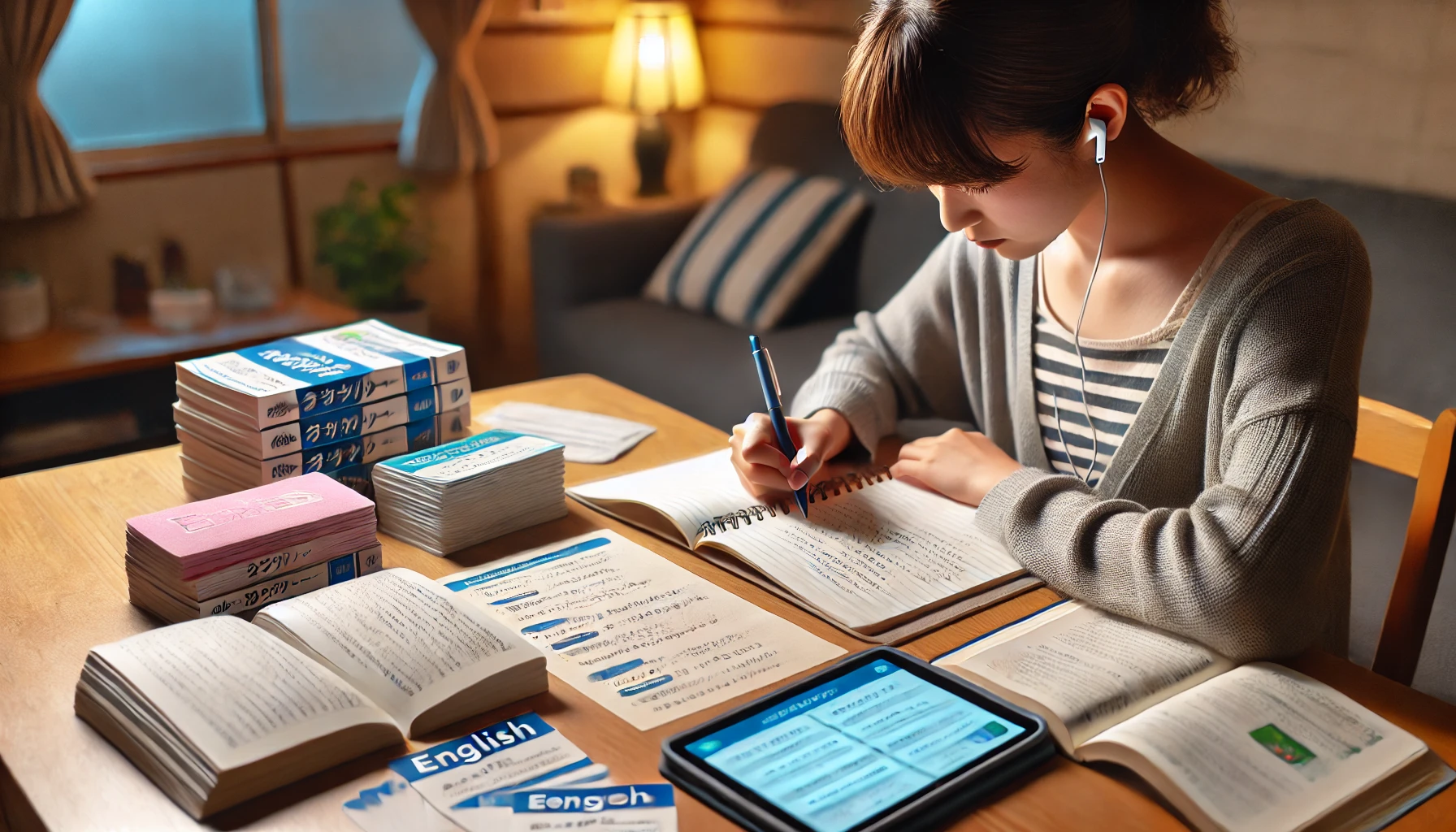 日本人英語学習者が自宅で一人、英文法書やフラッシュカード、タブレットの練習アプリを使って反復練習を行っている様子。落ち着いた明るい部屋で、ノートに丁寧に書き込みながら集中して学習している。