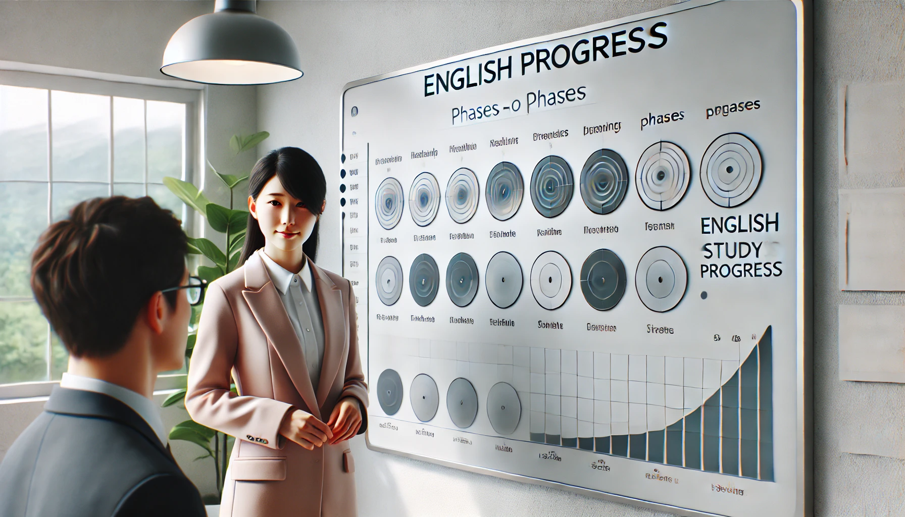 学習フェーズを視覚的に理解するため、壁の前で進捗図を確認する日本人学習者を表したシーン。