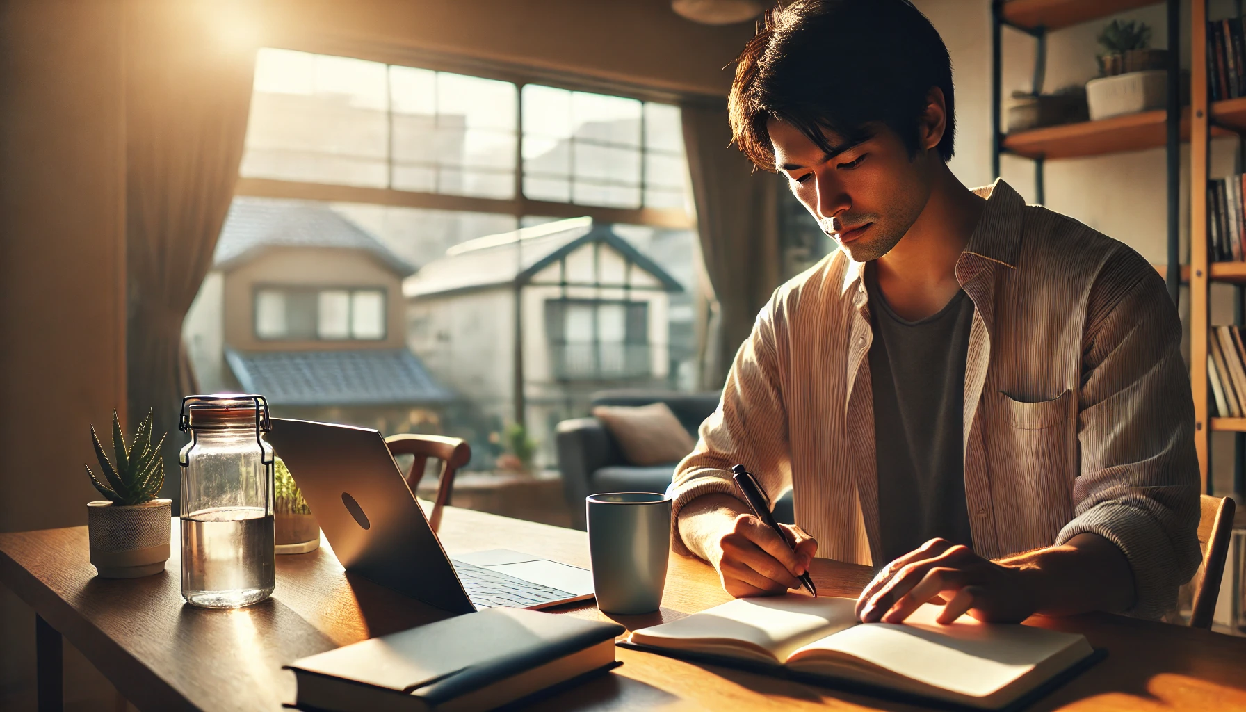 英会話レッスン前に話す内容をノートに準備する日本人社会人の学習風景