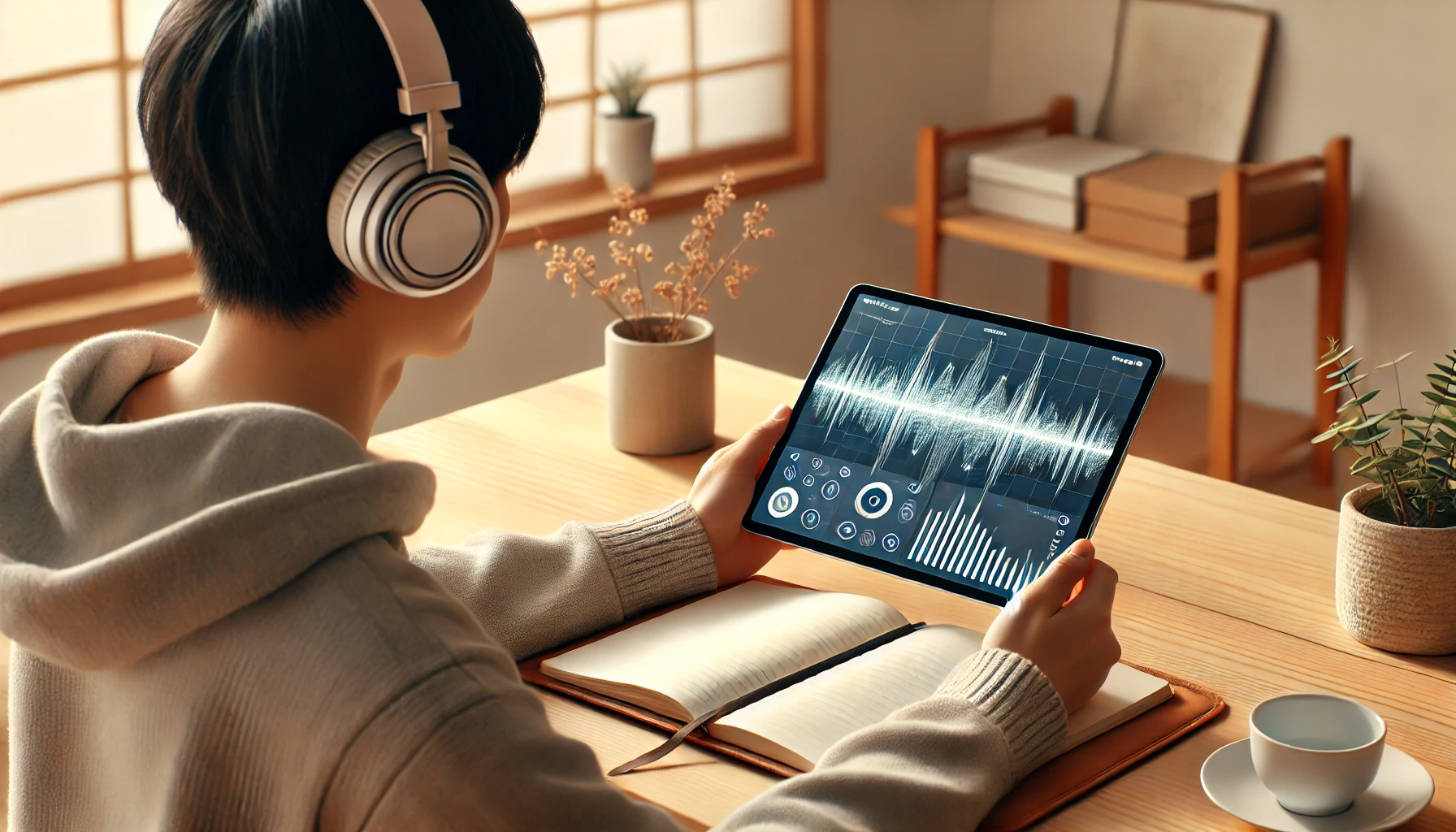 日本人の学習者がヘッドホンをつけてタブレットで英語リスニング練習をしている様子