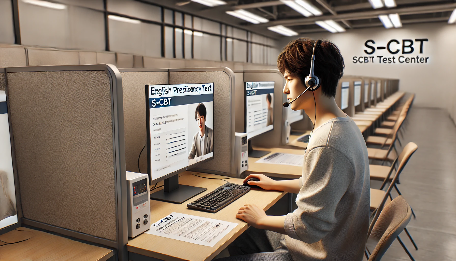 S-CBT形式で英語試験を受ける日本人受験者が、パソコン画面を見ながらヘッドセットでスピーキングに取り組む様子。仕切られた静かなブースと整ったテストセンターの環境が描かれている。