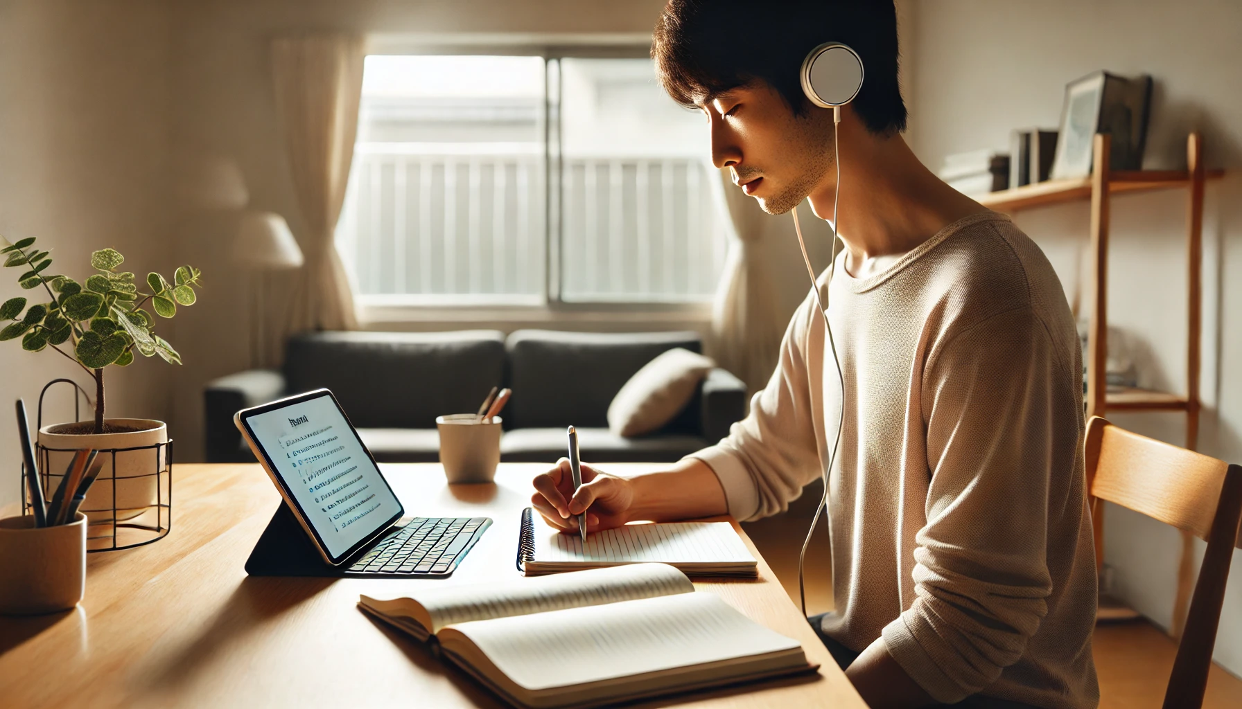 自宅でタブレット音声を使いながらシャドーイング練習をする日本人英語学習者の様子。