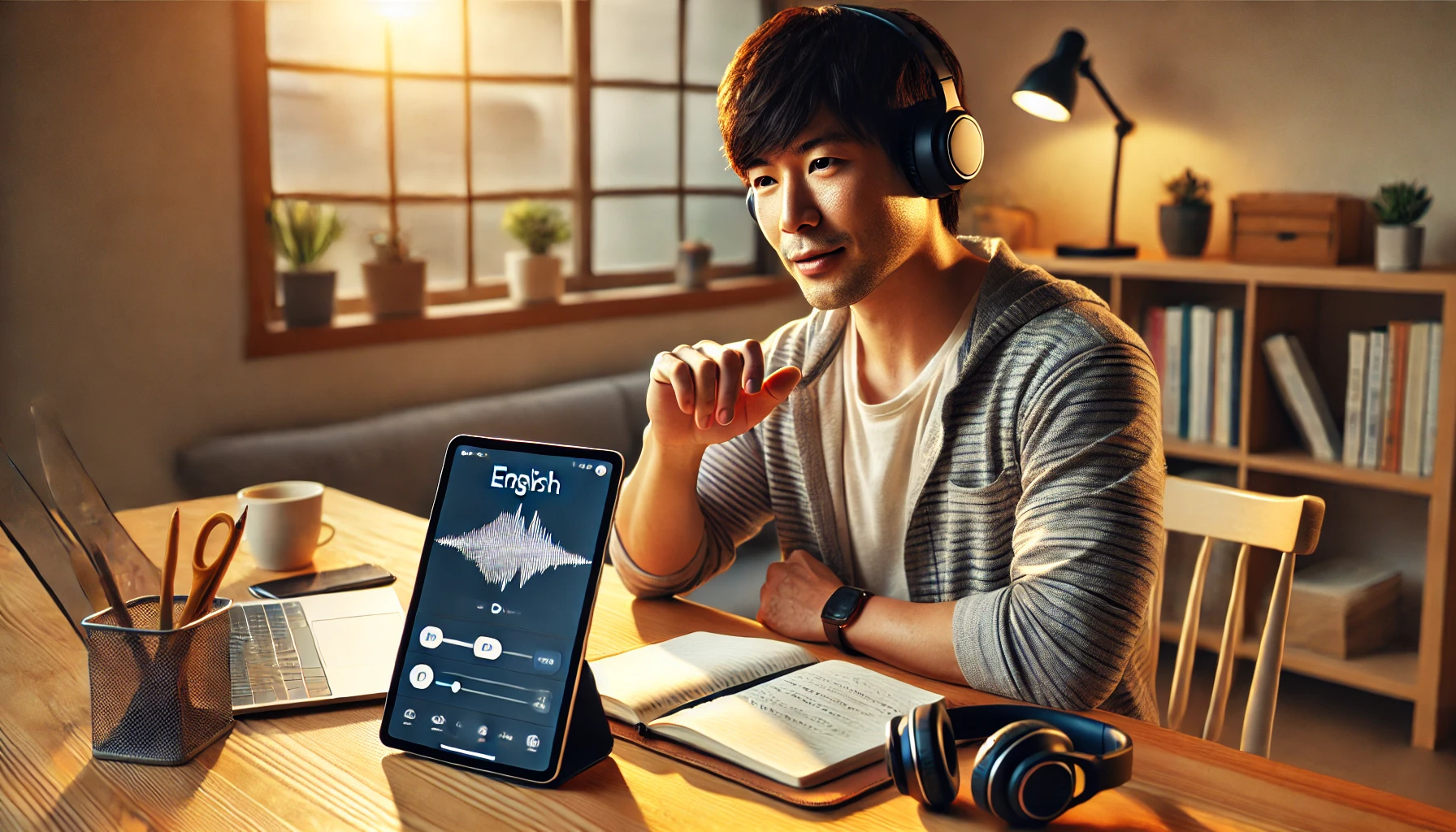 タブレットで英語学習アプリを比較しながら考える日本人男性