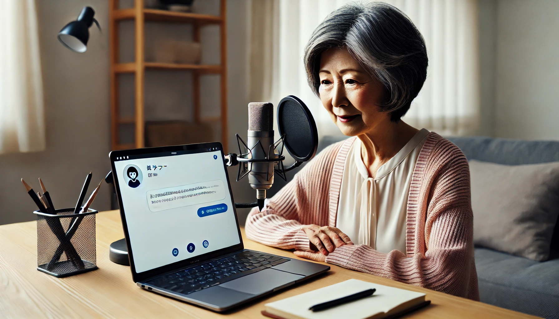 ノートパソコンに向かい、AI英会話アプリで練習中の60代日本人女性がマイクに向かって話しているシーン