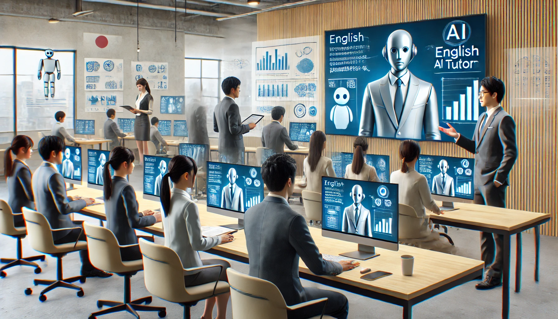 AI英会話を活用した社内研修の様子。ビジネス服を着た日本人社員たちがそれぞれのデバイスで短時間トレーニングに集中しており、チームで学習を継続できる設計のイメージを描写。