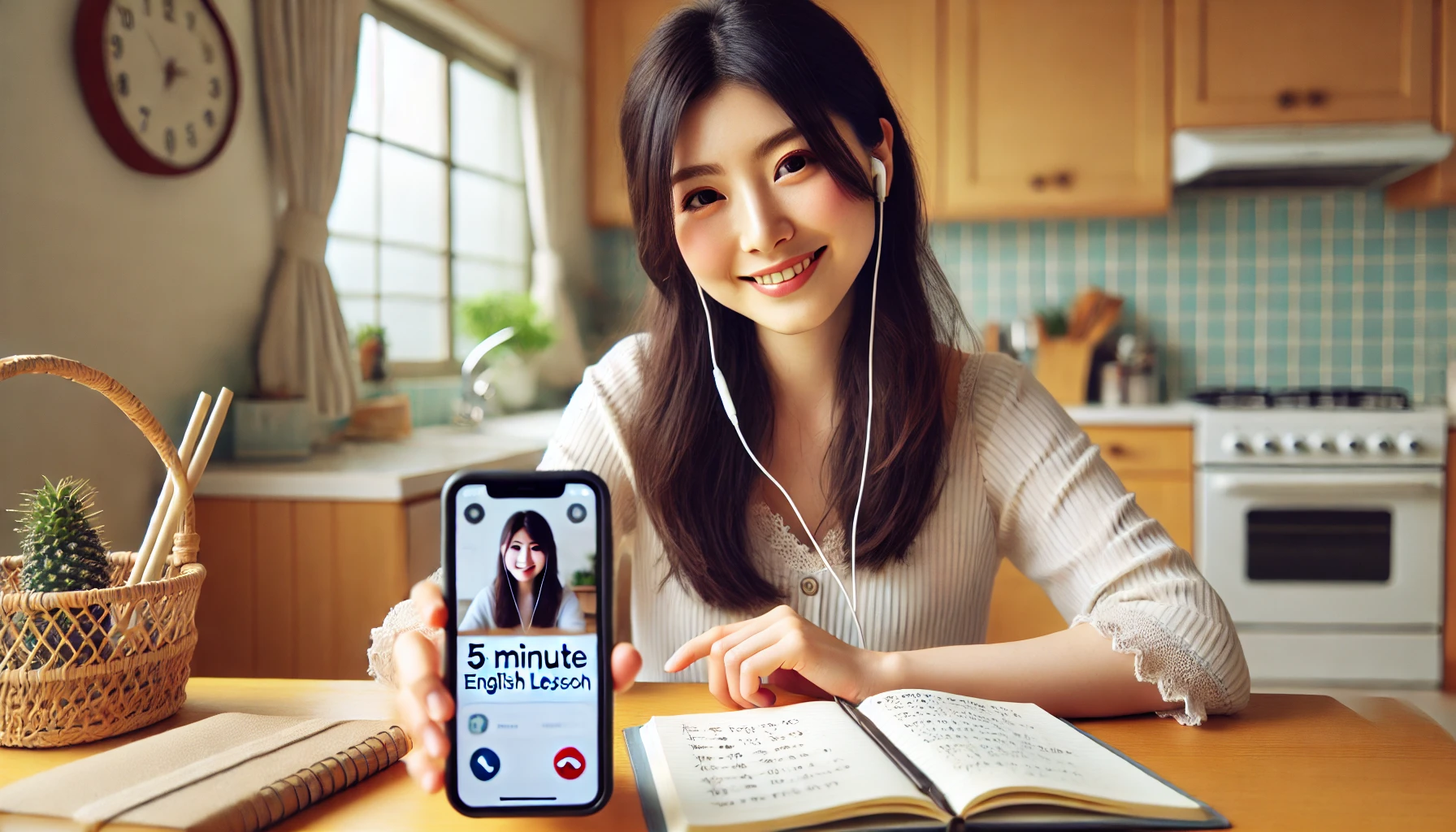 キッチンでスマートフォンを使い短時間のオンライン英会話を受講する日本人女性