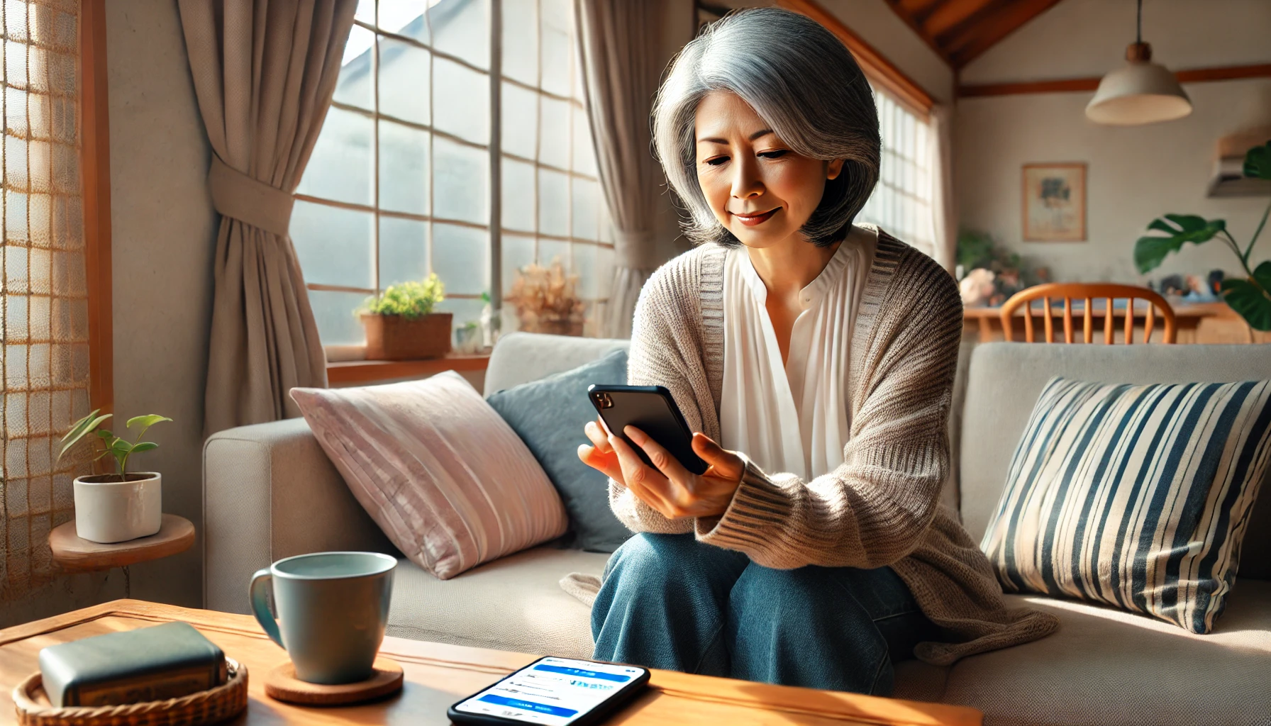 朝のリラックスした時間にソファで英語アプリを使って学習する60代の日本人女性の様子