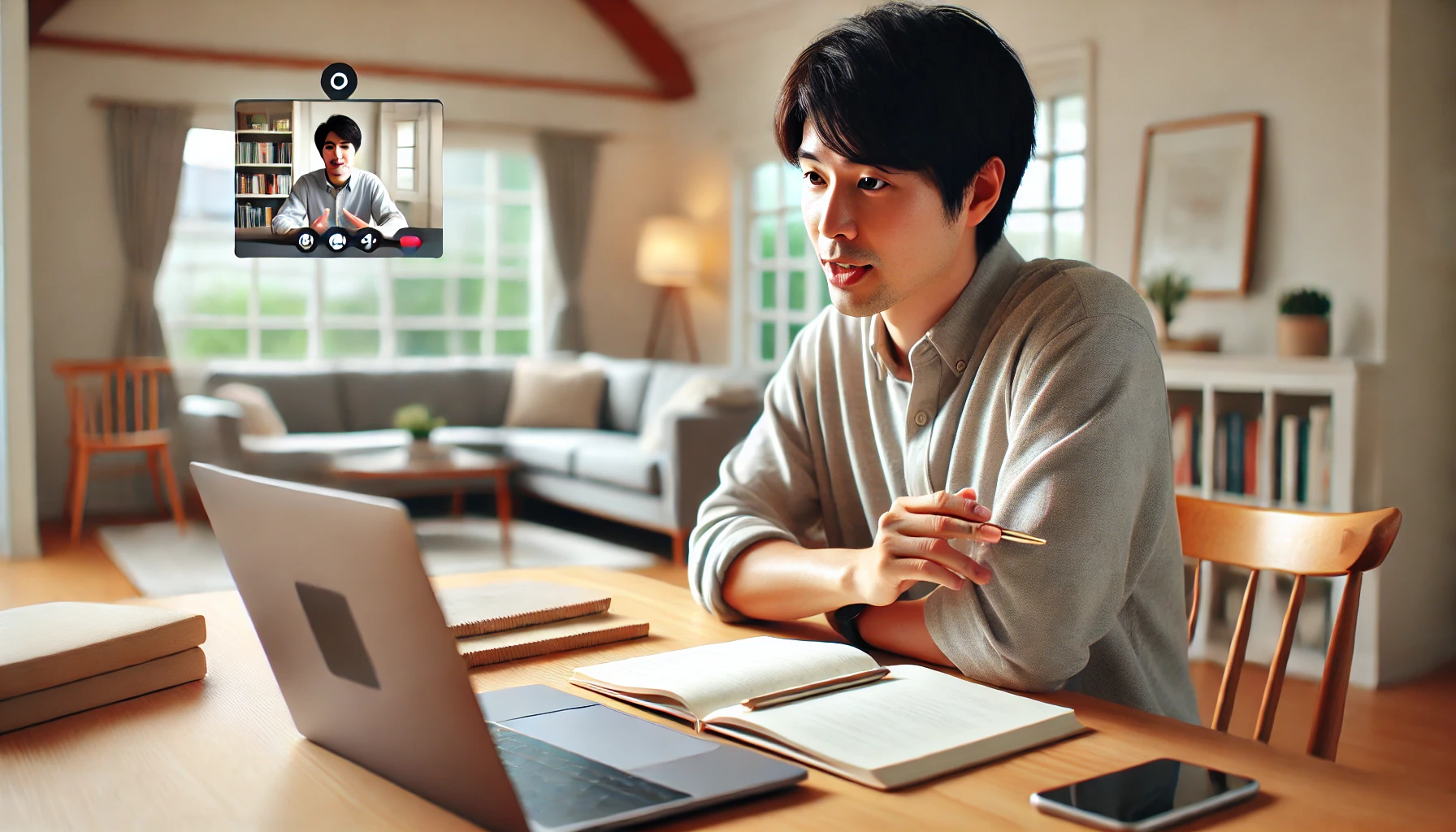 自宅でノートを取りながらオンライン英会話の25分レッスンを受講する日本人男性の様子