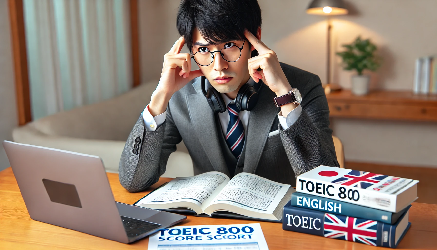 TOEIC800点を持つ日本人ビジネスパーソンが英会話に苦戦している様子。デスクにはスコアレポート、英語教材、ビデオ通話中のノートパソコンが並び、読み書きには自信があるが会話では困惑している表情が描かれている。
