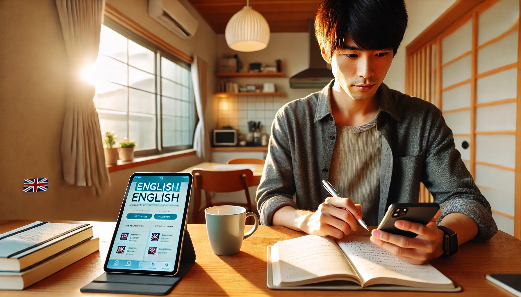 日本人の初心者が自宅のデスクで英語学習アプリを見ながら学習計画を立てている様子