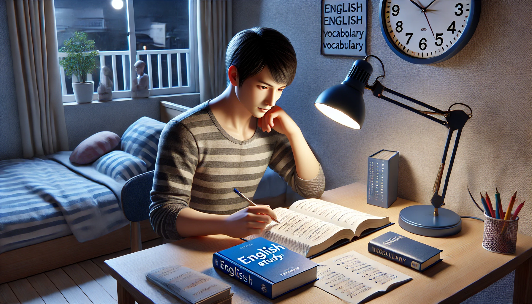 夜の自宅で英語の単語帳と参考書を開いて集中して勉強する日本人の大人。静かで落ち着いた雰囲気の部屋に小さなスタンドライトが灯り、社会人の学び直しの様子をリアルに描写。