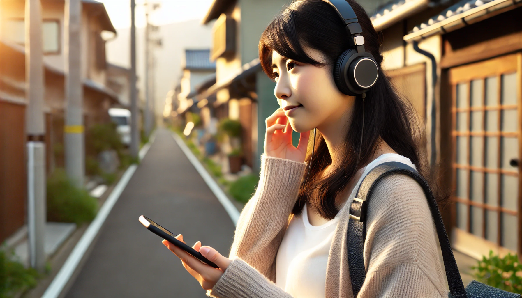 日本の住宅街で、午後の日差しの中、リラックスした様子でスマートフォンを見ながら英語で独り言を話す日本人女性。日常の中の行動実況を英語にする練習のシーン。