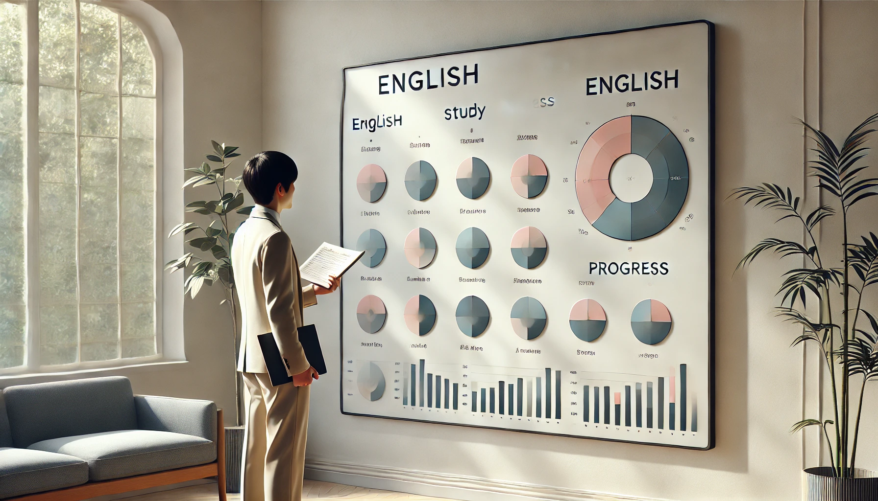 自分の英語学習の進み方や取り組み方を客観的に把握しようと、図形化されたボードを見ている日本人学習者の様子。
