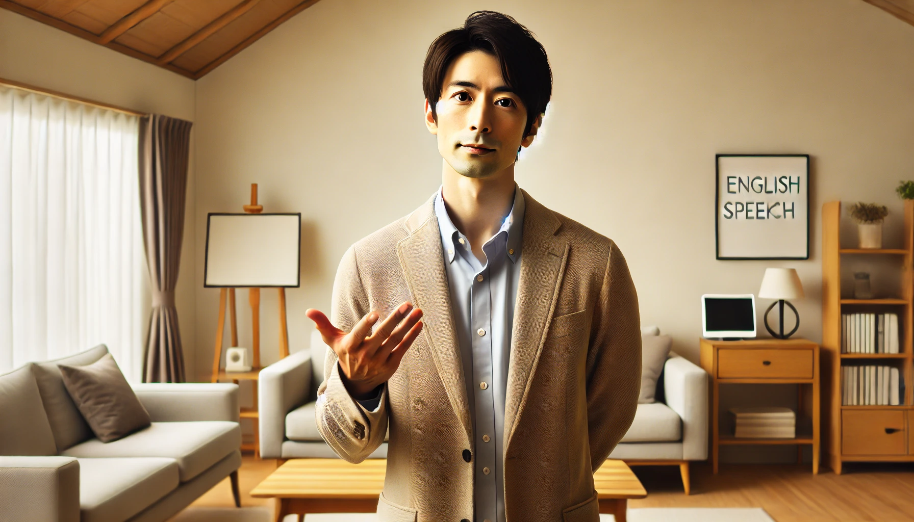 自宅で身振りを交えながら英語の1分スピーチ練習をする日本人男性