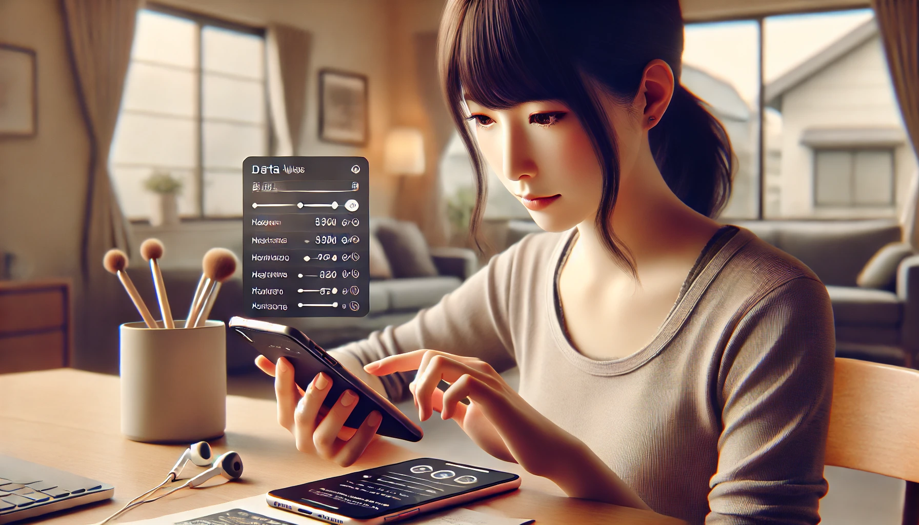 オンライン英会話前にスマホのデータ通信設定を確認する日本人女性の様子