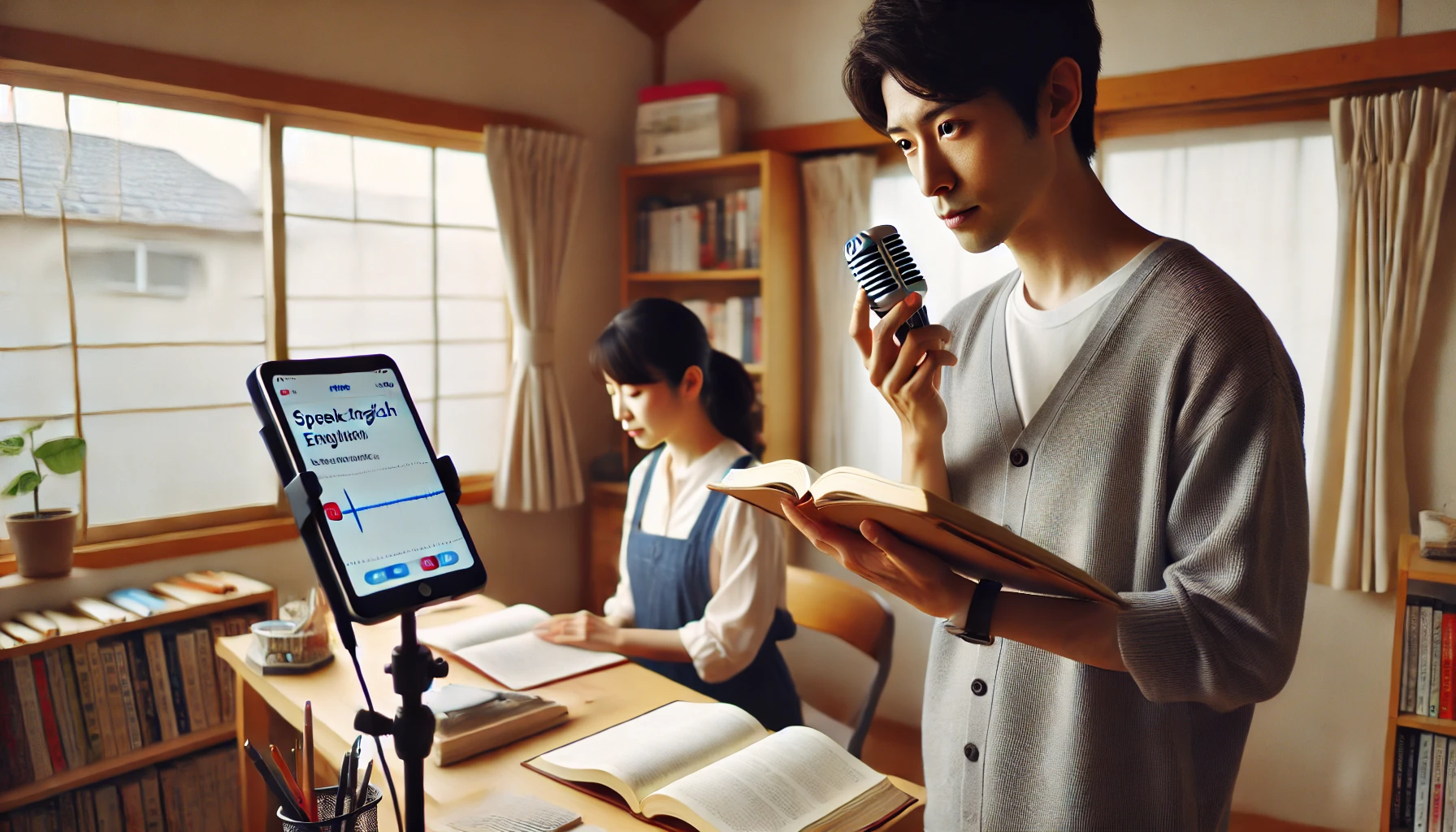 自宅で英語を声に出して練習する日本人学習者のアウトプットトレーニング風景