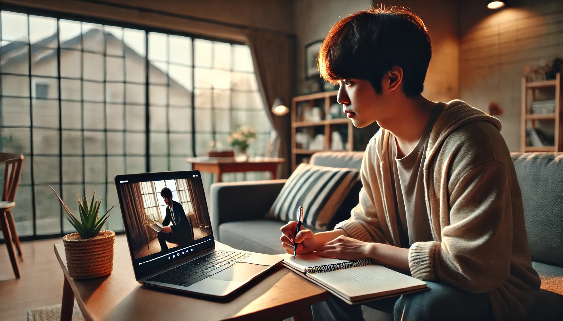 自宅で映画を観ながらノートを取り英語学習をする日本人男性の様子