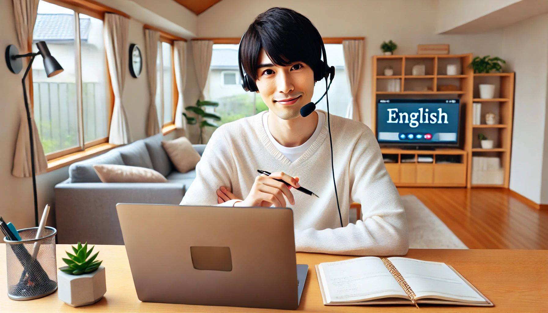 オンライン英会話でヘッドセットを使い会話練習をする日本人学習者