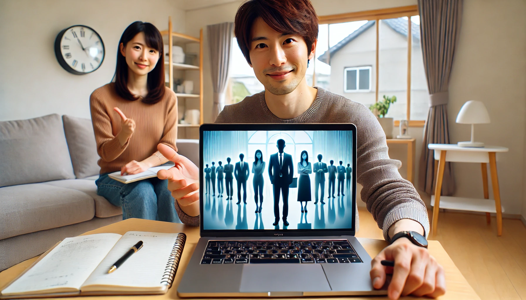 自宅でオンライン英会話中に積極的に発話しジェスチャーを交えて話す日本人男性