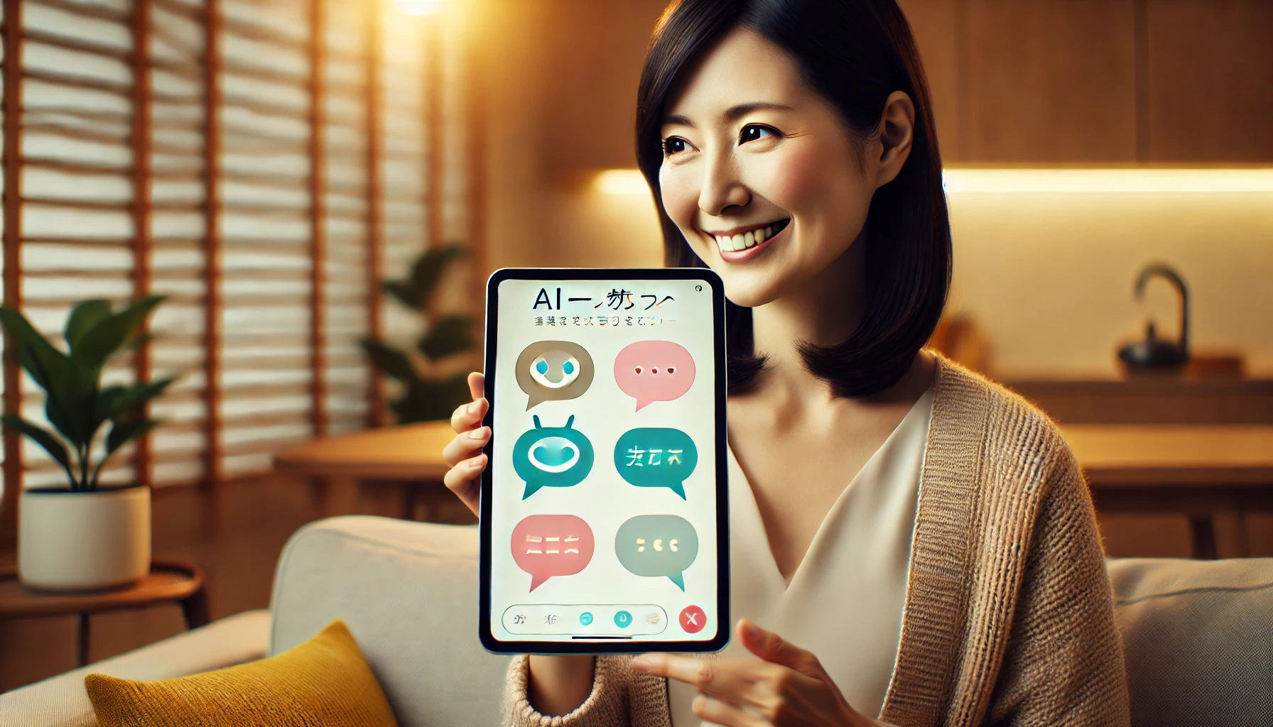 日本人女性がタブレットでAI英会話の練習を楽しんでいる様子