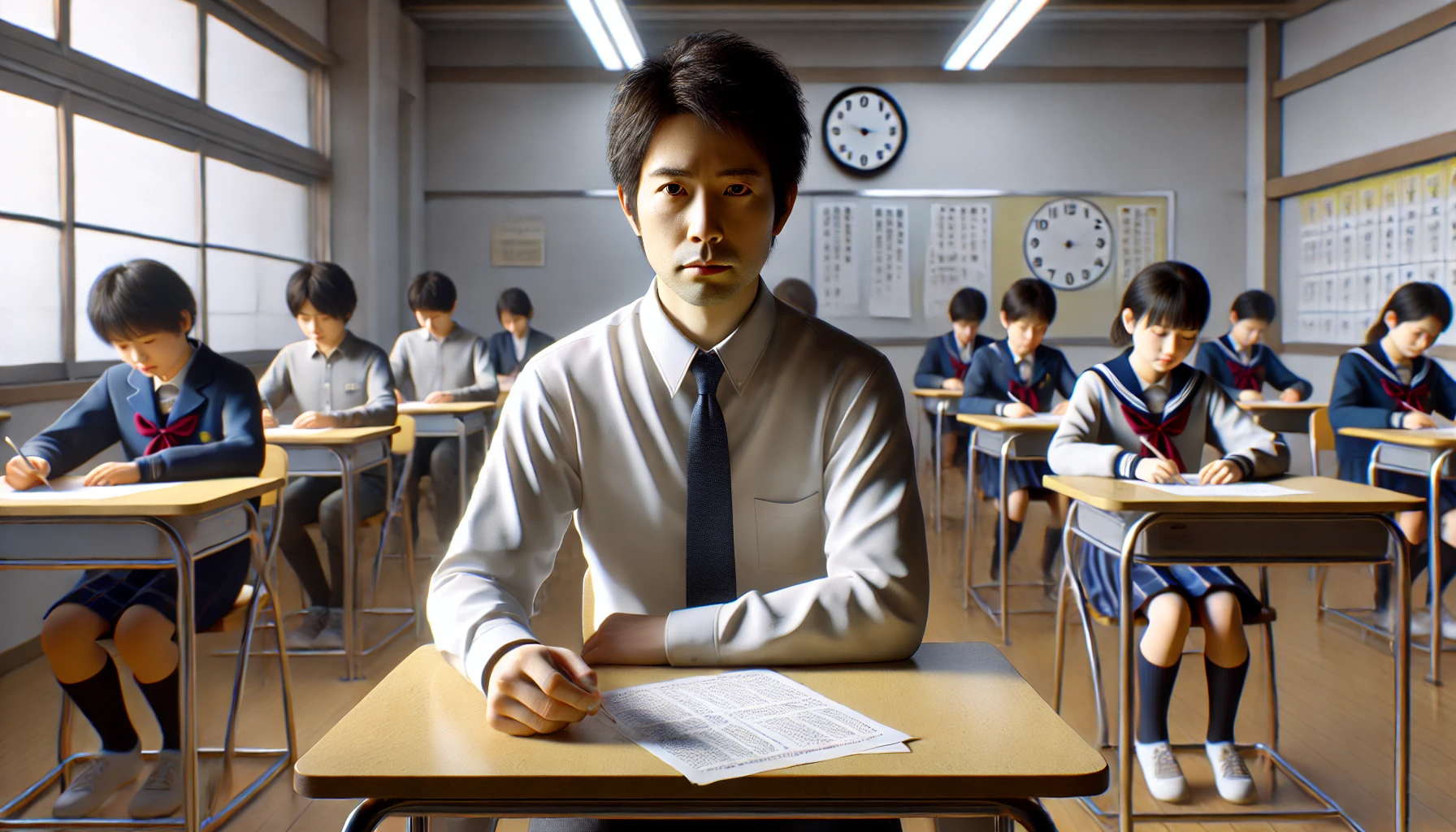 試験会場で緊張しながらも集中して試験に臨む日本人の大人受験者と、中学生たちが静かに問題に取り組む様子を描いた教室風景。個別の机、時計、蛍光灯など典型的な日本の試験環境が再現されている。