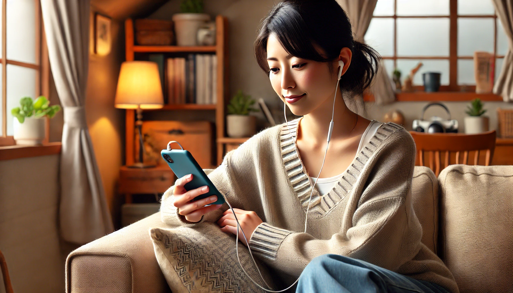 日本のリビングでソファに座り、スマートフォンを使って英会話音読を行う日本人。自然な日常の中で学習を続けやすい雰囲気。