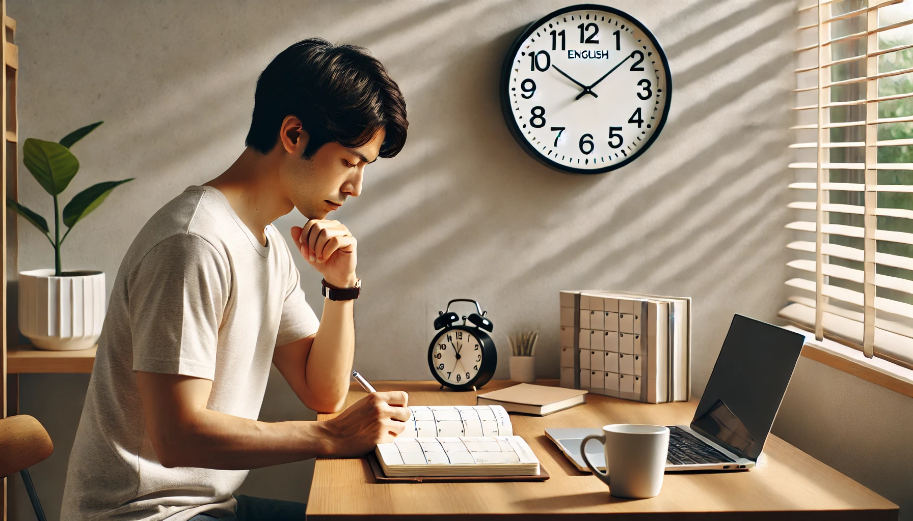 自宅のデスクで学習計画を立てながら英語学習時間を管理する日本人男性