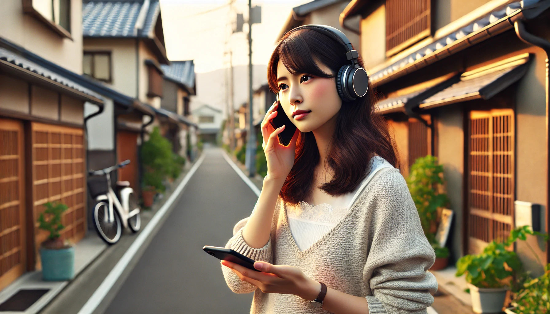 ヘッドフォンをつけ、スマートフォンを手に持ちながら、日本の住宅街を歩きつつ英語で独り言を話す若い日本人女性の様子。電話をしているように見せかけ、恥ずかしさを軽減しながら練習する姿。