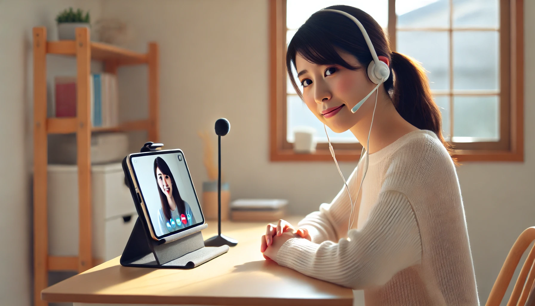 スマホを横向きスタンドに置き、イヤホンを着用して自宅でオンライン英会話を受講する日本人女性の様子
