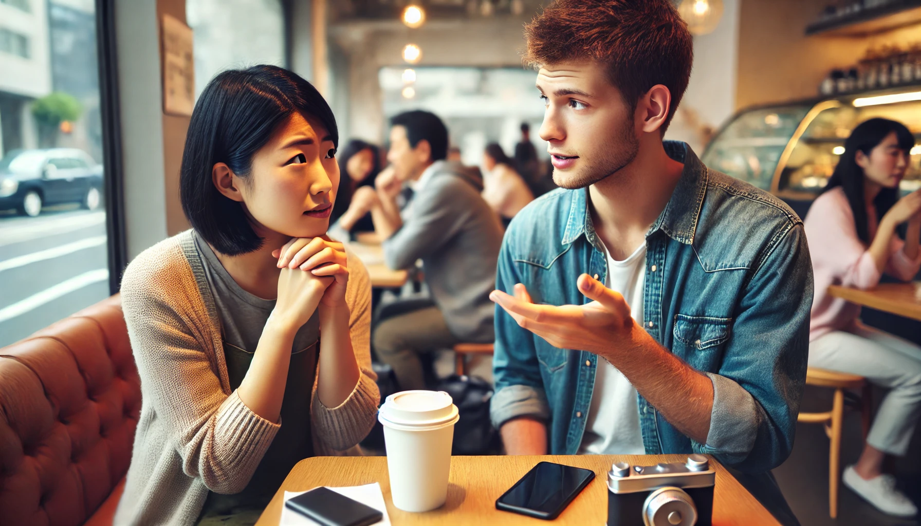 日本人の若者がカフェで外国人と英語で雑談しているが、相手の早口と省略表現に困惑している表情。会話のテンポに追いつけず、聞き返す瞬間が描かれている。背景はカジュアルなカフェ環境。
