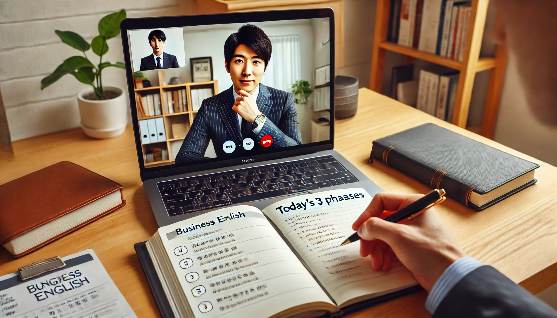 日本人ビジネスマンがホームオフィスでスーツ姿のまま、オンライン英会話レッスンを受けている。ノートに「今日の3フレーズ」が記されており、集中して学習している様子。