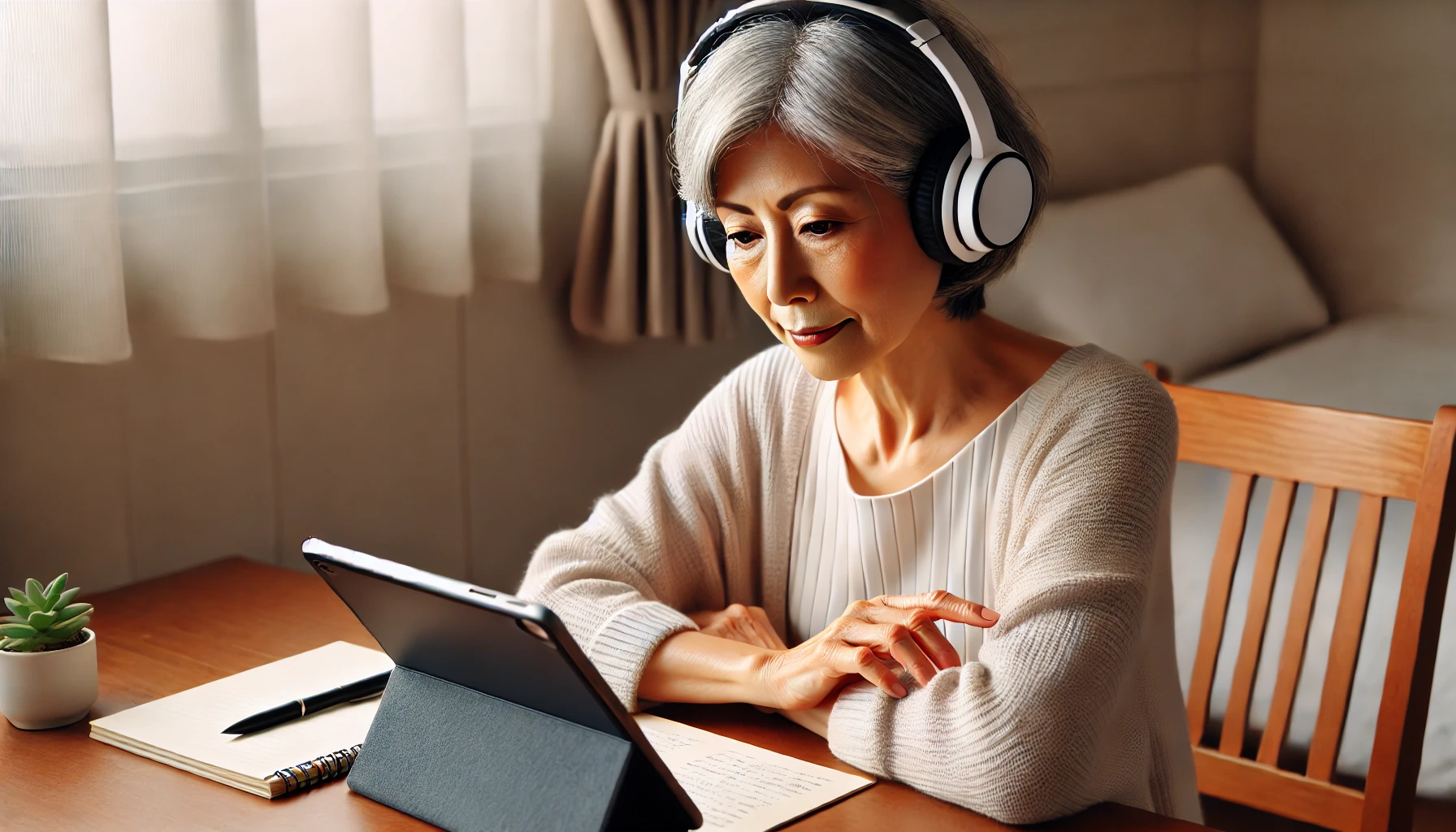 タブレットで英語音声を聞きながら、ノートを用意して学習に集中する60代の日本人女性の落ち着いたリスニング風景