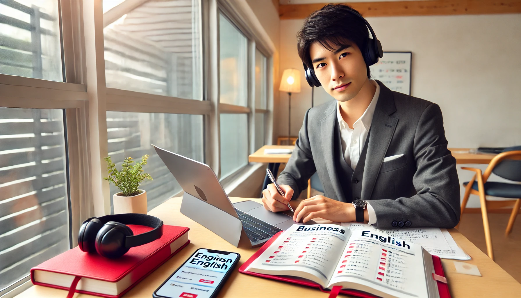 日本人ビジネスパーソンがオフィスでノートパソコンと赤シートを使い、ビジネス英語を学習している様子。教材とスマホアプリを併用している様子がわかる、明るく現代的なデスク環境。