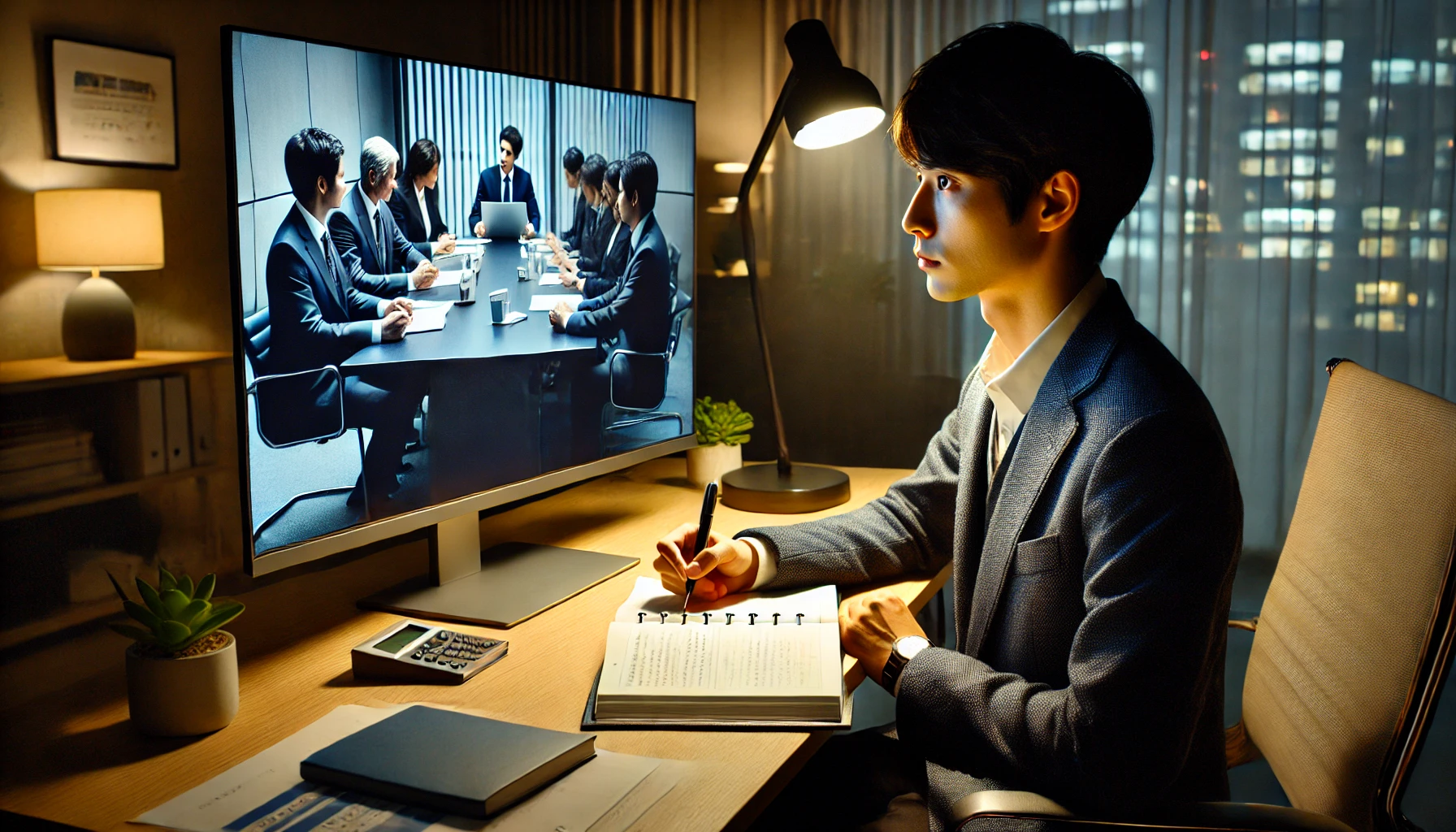 ビジネス映画を観ながら英語表現をメモする日本人会社員