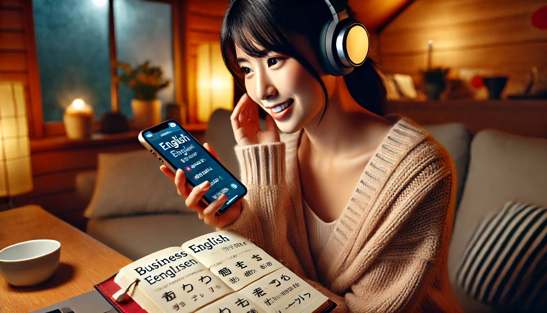 日本人女性が自宅のリビングで、スマホアプリを使ってビジネス英語をシャドーイング練習している様子。ノートとヘッドフォンも使用し、集中して学習している。