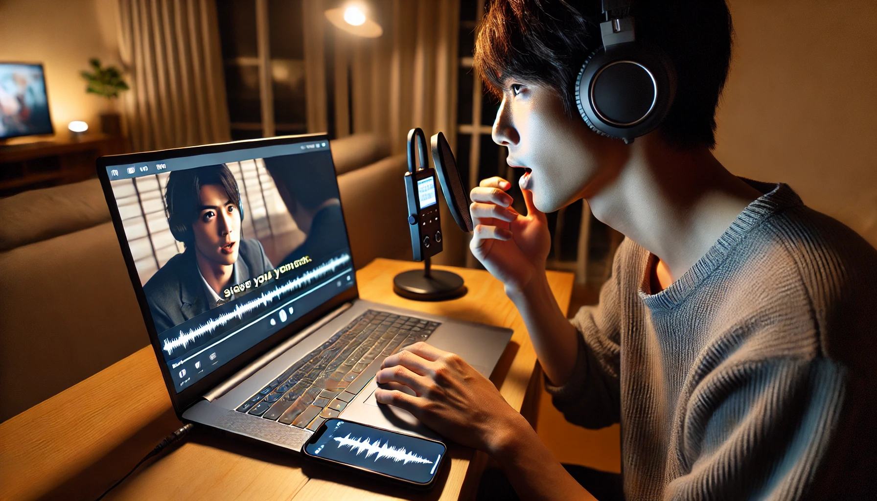 映画のセリフを真似してシャドーイング練習をする日本人男性