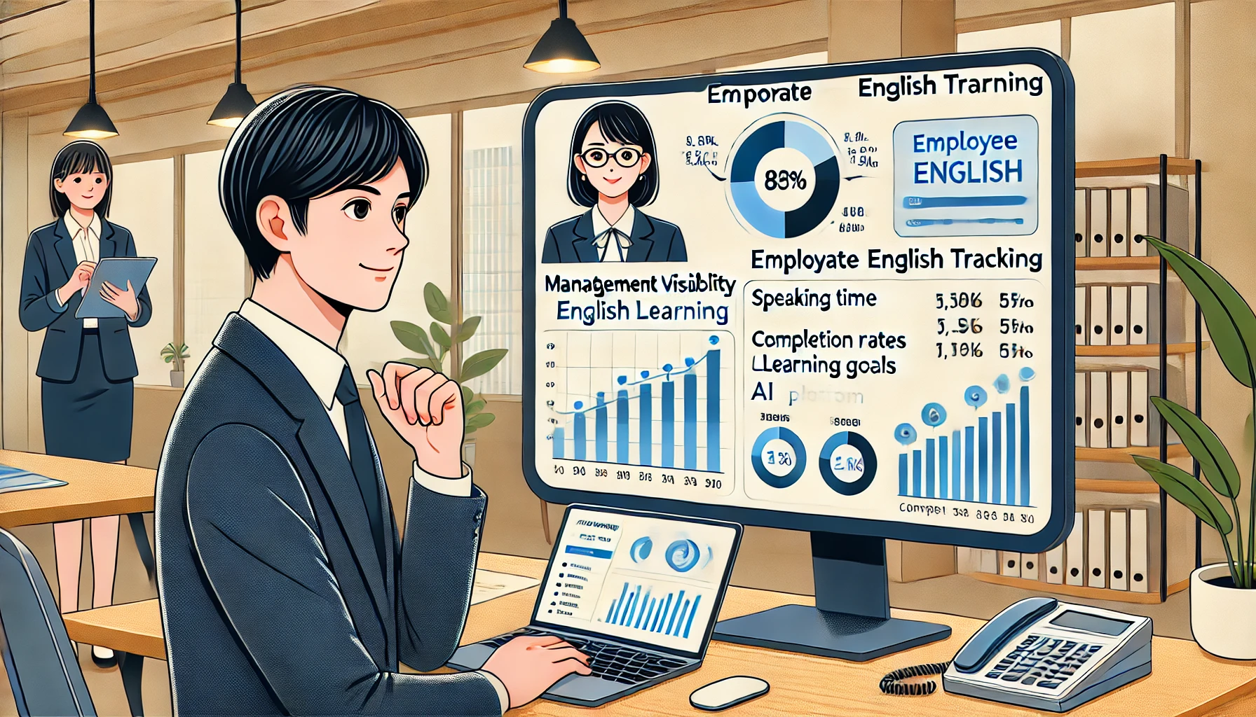 日本人の人事・研修担当者が、社員の英語学習進捗をAIプラットフォーム上で確認している様子。画面には発話時間や達成率などのデータが表示され、企業研修における可視化と管理の重要性を表現。